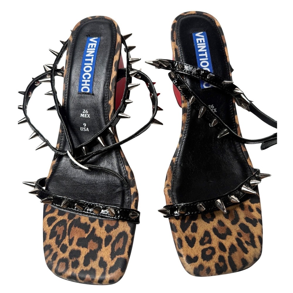 Veintiocho Leopard Spiked Heart Heel Sandals Red 9